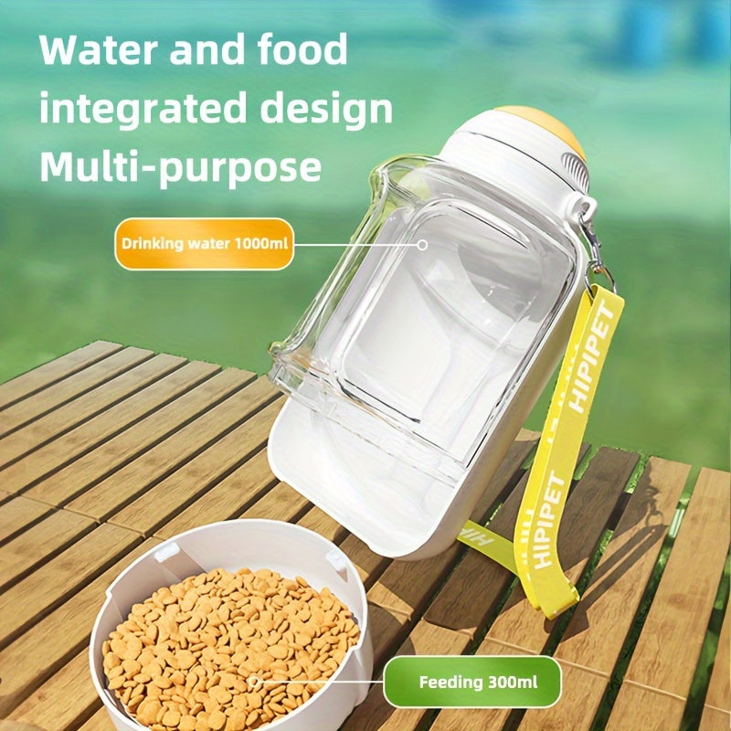 1PC Multi-Purpose Polycarbonate Dog Water Bottle with Integrated Bowl, 1000ml Water & 300ml Food Capacity, Retractable Shoulder Strap for Travel and Walking