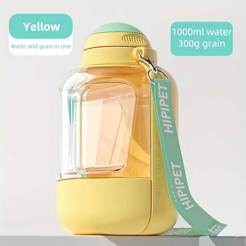 1PC Multi-Purpose Polycarbonate Dog Water Bottle with Integrated Bowl, 1000ml Water & 300ml Food Capacity, Retractable Shoulder Strap for Travel and Walking