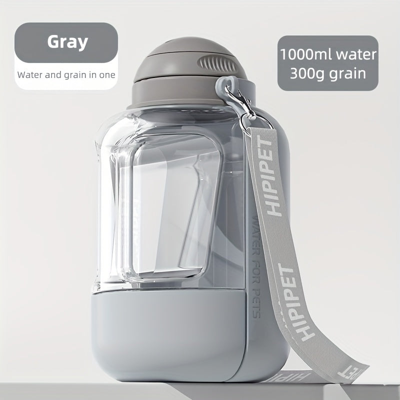 1PC Multi-Purpose Polycarbonate Dog Water Bottle with Integrated Bowl, 1000ml Water & 300ml Food Capacity, Retractable Shoulder Strap for Travel and Walking