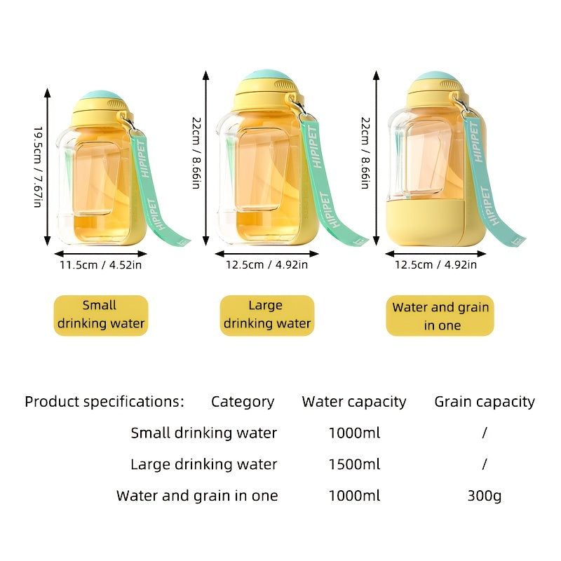 1PC Multi-Purpose Polycarbonate Dog Water Bottle with Integrated Bowl, 1000ml Water & 300ml Food Capacity, Retractable Shoulder Strap for Travel and Walking